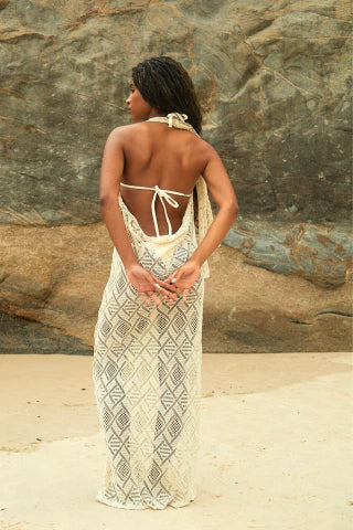 VESTIDO LONGO DECOTE U TELA MARFIM